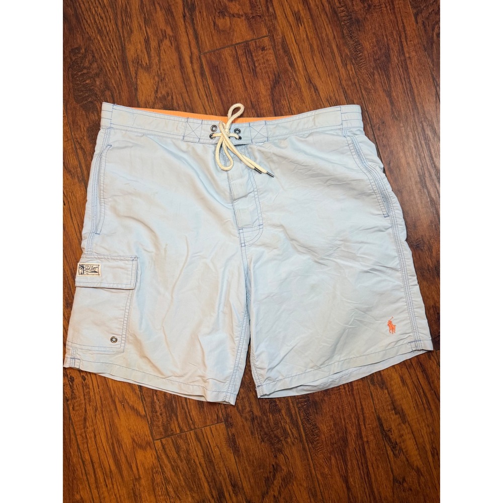 Polo Ralph Lauren Mens Swim Trunks Light Blue Orange Pony Cargo Board Shorts M